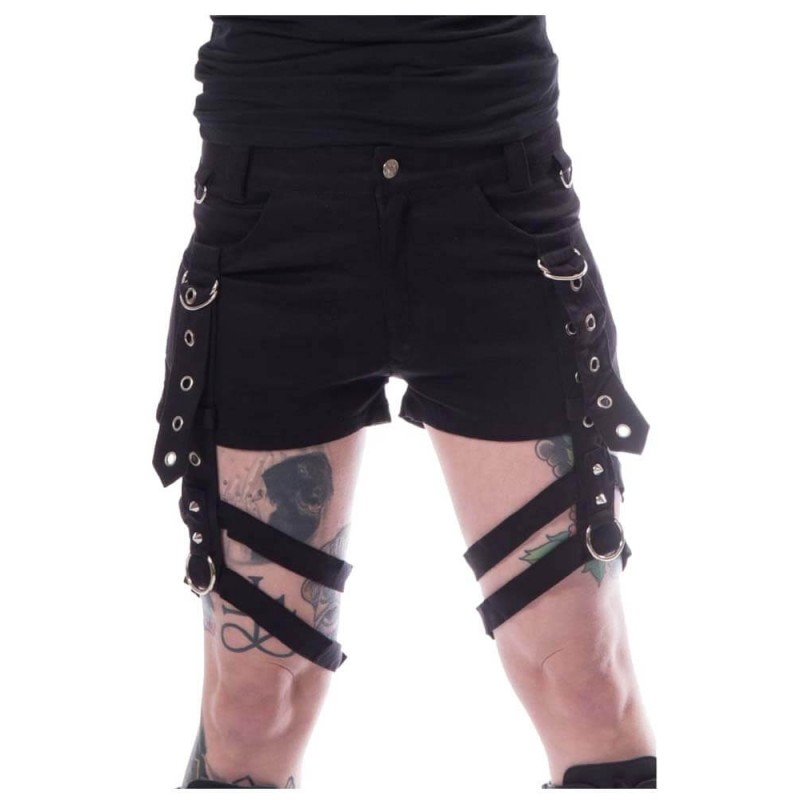 Women Jasmin Shorts Bondage Applique & Studs Mini Shorts Detachable Straps Skirt 